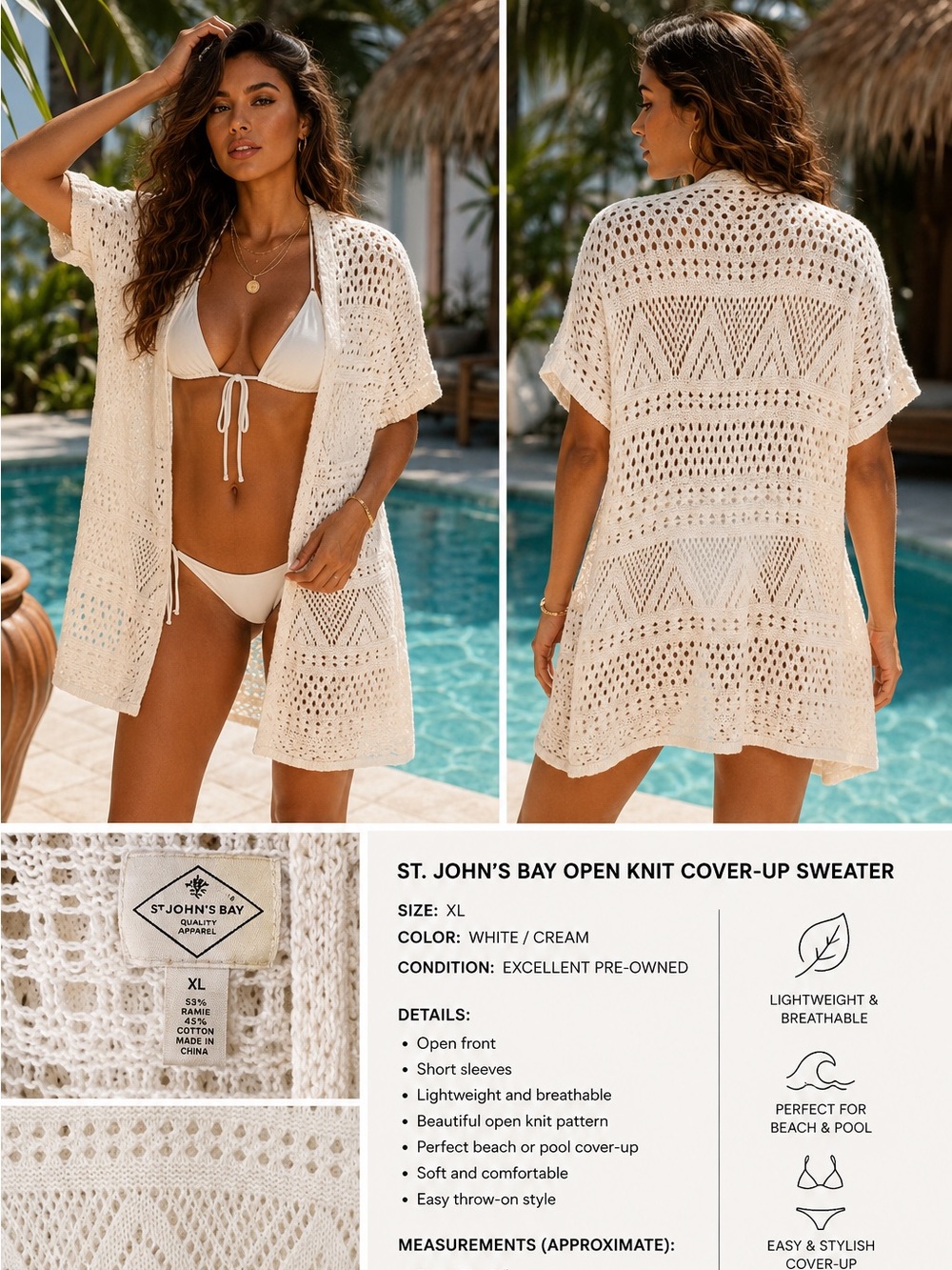 St. John’s Bay White Open Knit Crochet Cover-Up Cardigan Sweater XL Beach Pool
